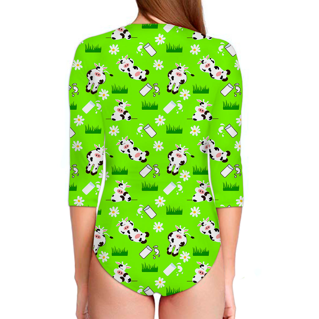 Cartoon Daisy And Cow Pattern Print Long Sleeve Swimsuit