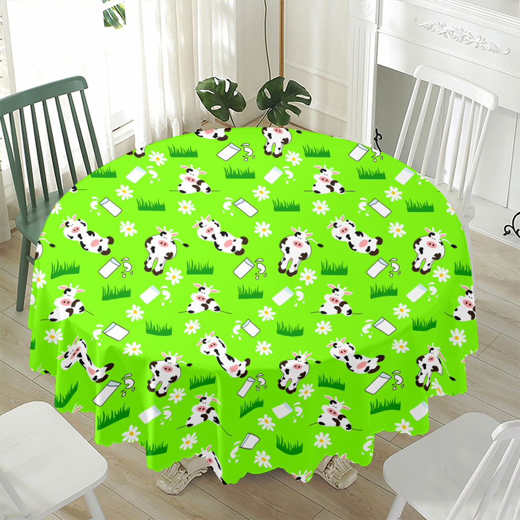 Cartoon Daisy And Cow Pattern Print Waterproof Round Tablecloth