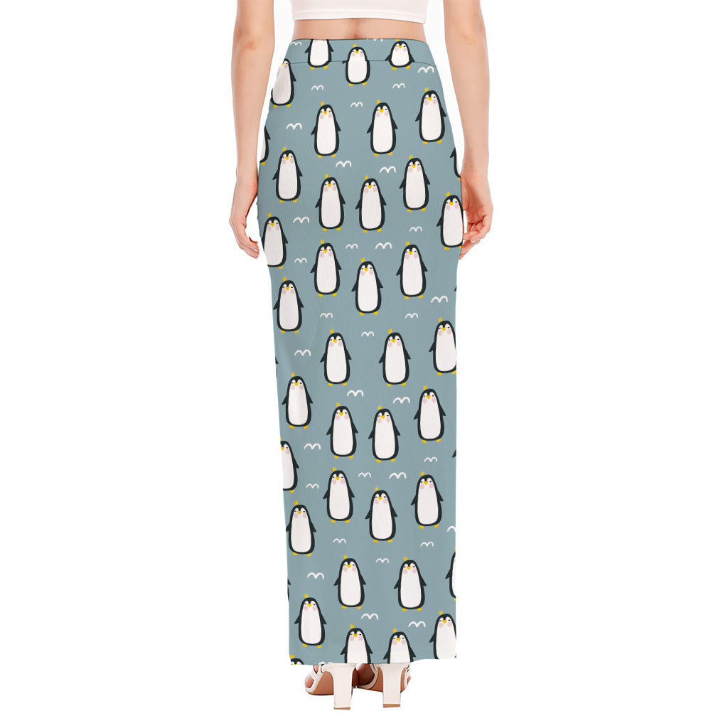 Cartoon Emperor Penguin Pattern Print High Slit Maxi Skirt