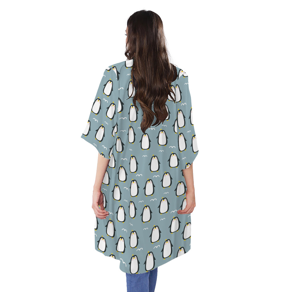 Cartoon Emperor Penguin Pattern Print Open Front Beach Cover Up