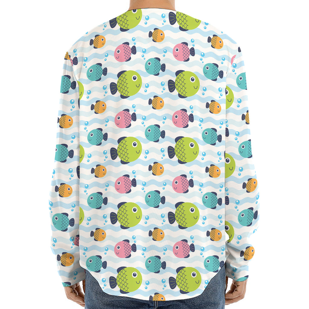 Cartoon Fish Pattern Print Long Sleeve Baseball Jersey