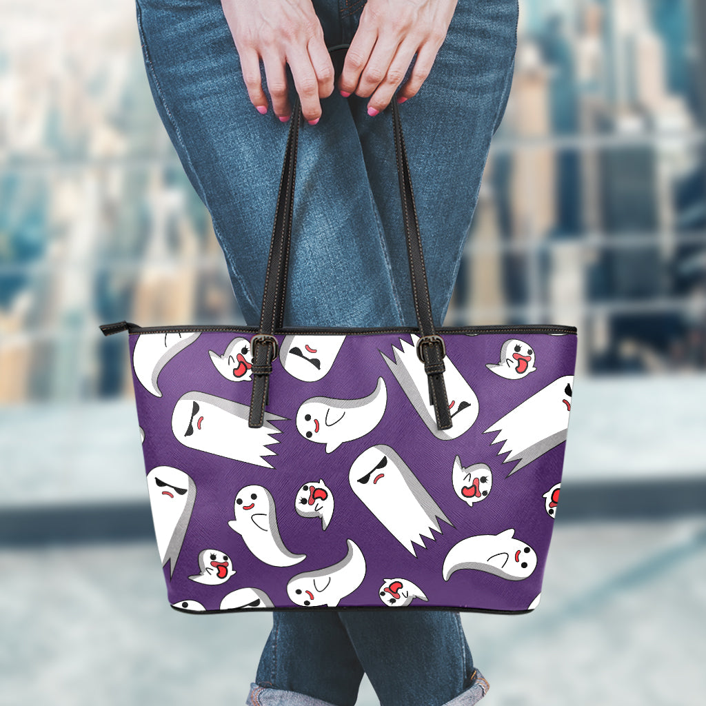 Cartoon Ghost Pattern Print Leather Tote Bag