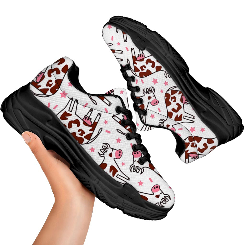 Cartoon Happy Dairy Cow Pattern Print Black Chunky Shoes
