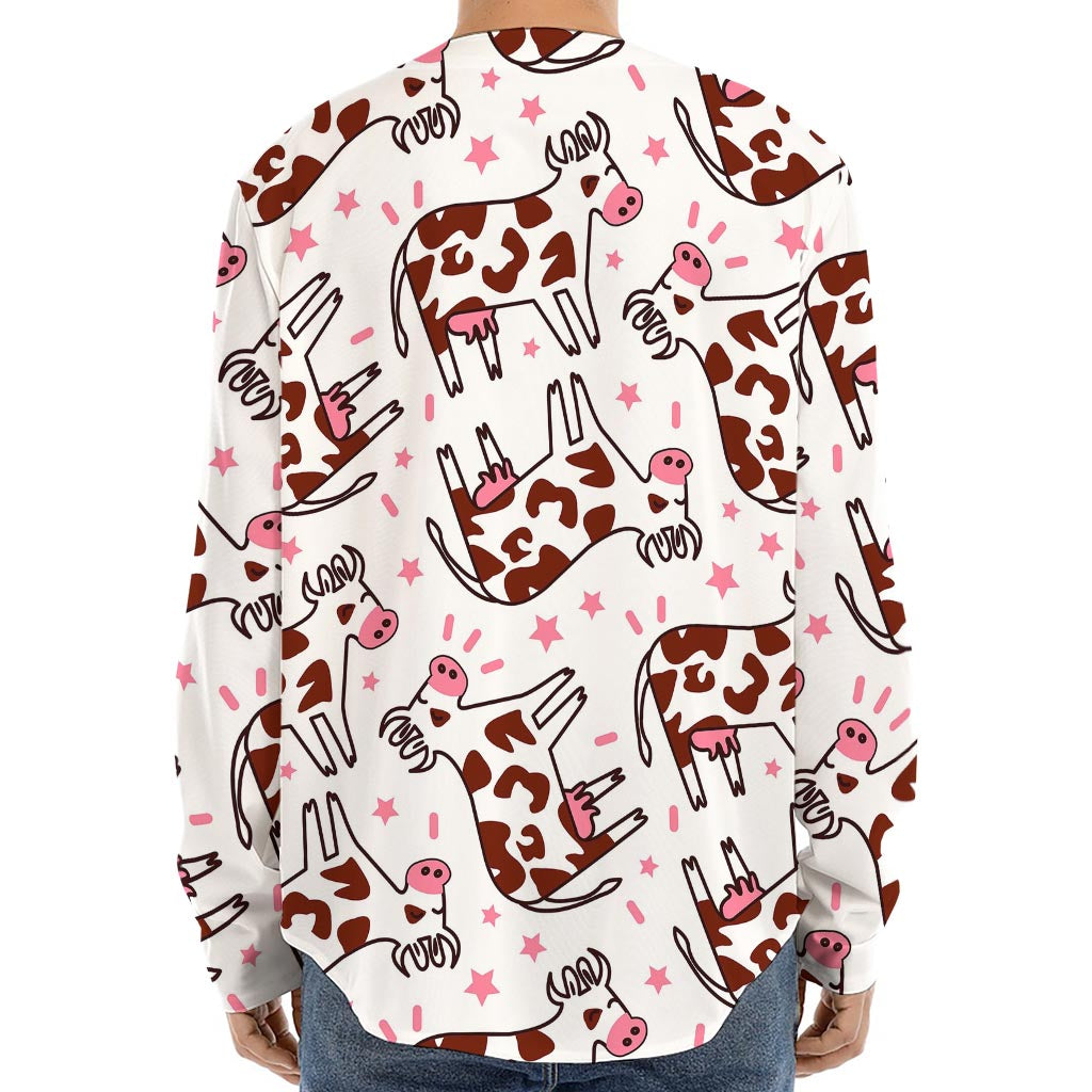 Cartoon Happy Dairy Cow Pattern Print Long Sleeve Baseball Jersey