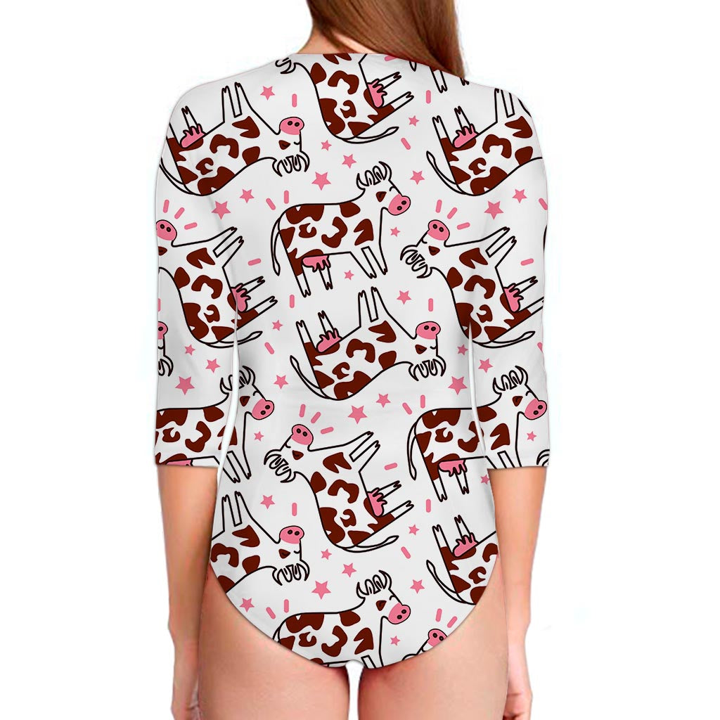 Cartoon Happy Dairy Cow Pattern Print Long Sleeve Swimsuit