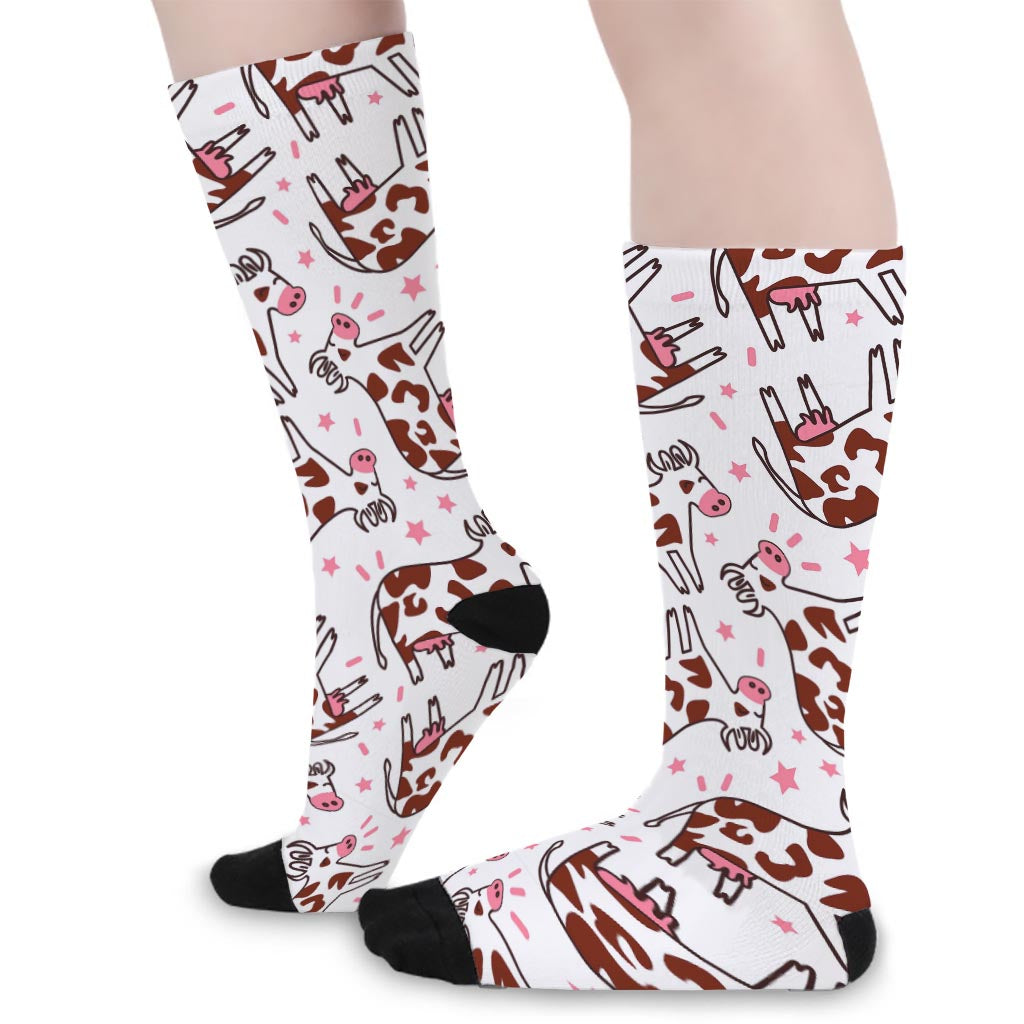 Cartoon Happy Dairy Cow Pattern Print Long Socks