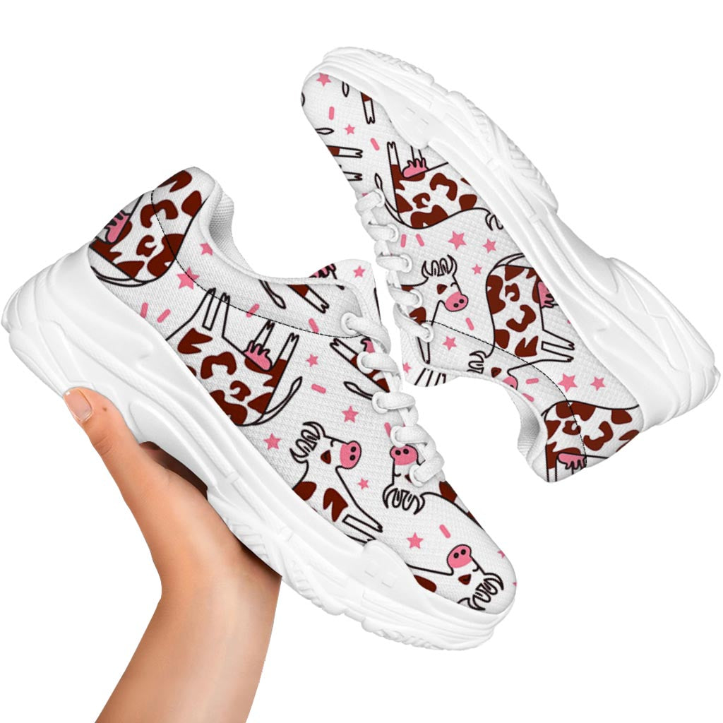 Cartoon Happy Dairy Cow Pattern Print White Chunky Shoes