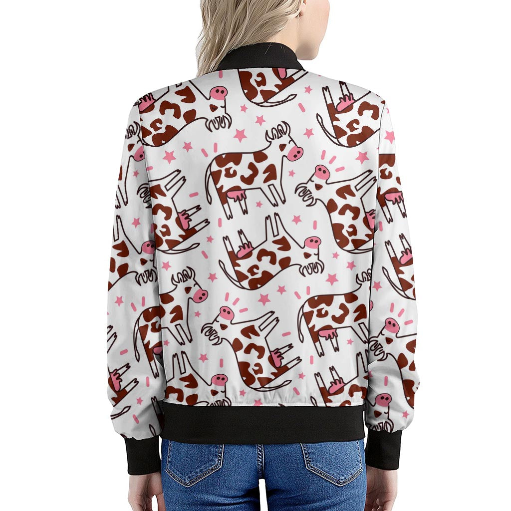 Cartoon Happy Dairy Cow Pattern Print Women's Bomber Jacket