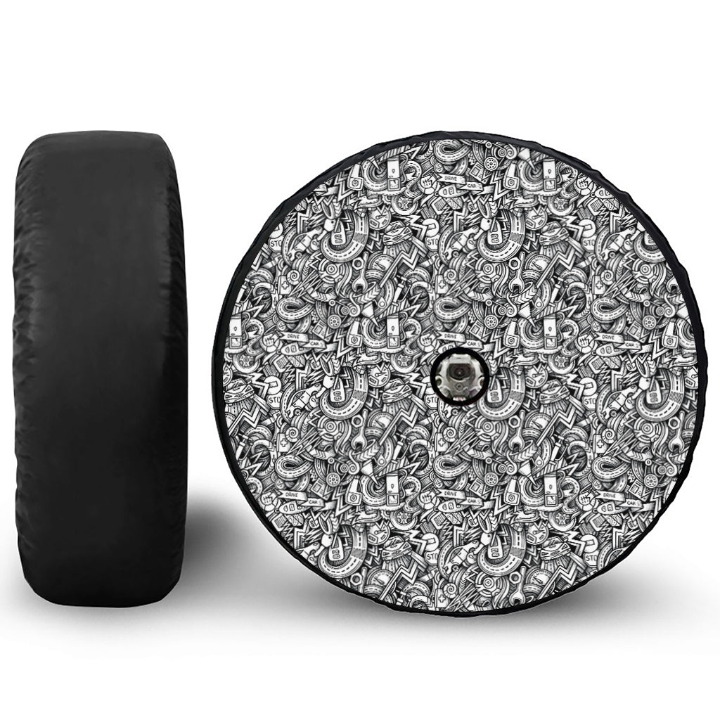 Cartoon Mechanic Pattern Print Tire Cover With Camera Hole