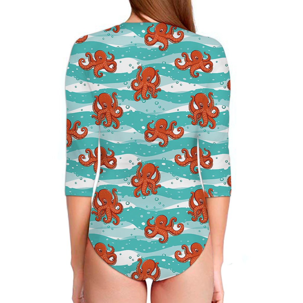 Cartoon Octopus Pattern Print Long Sleeve Swimsuit