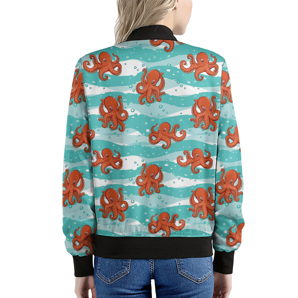 Cartoon Octopus Pattern Print Women's Bomber Jacket