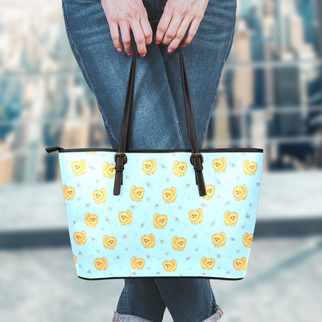Cartoon Pomeranian Pattern Print Leather Tote Bag