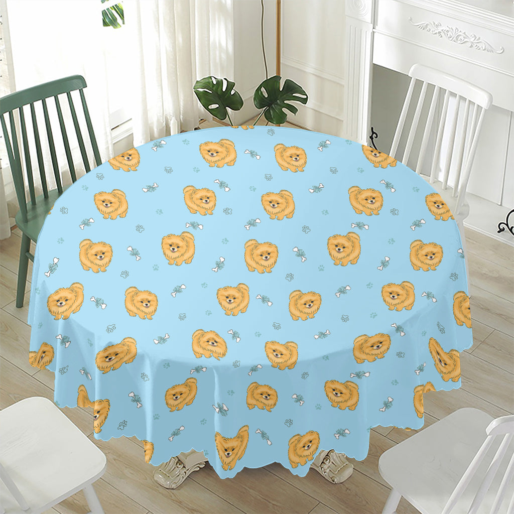 Cartoon Pomeranian Pattern Print Waterproof Round Tablecloth