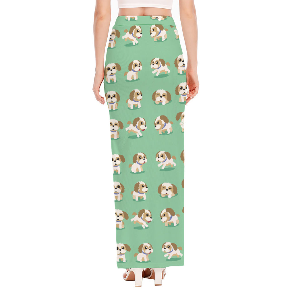 Cartoon Shih Tzu Pattern Print High Slit Maxi Skirt