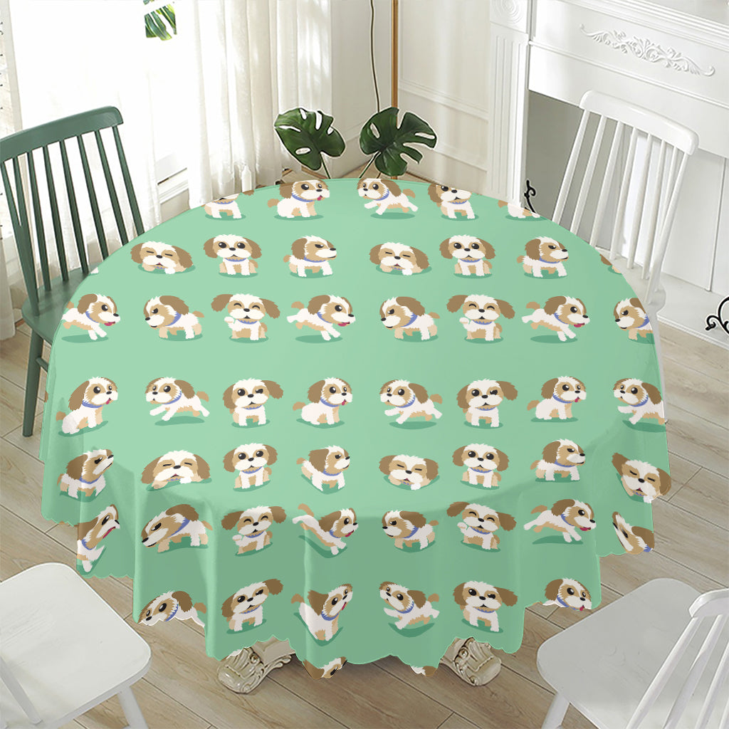 Cartoon Shih Tzu Pattern Print Waterproof Round Tablecloth