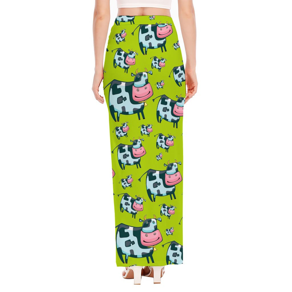 Cartoon Smiley Cow Pattern Print High Slit Maxi Skirt