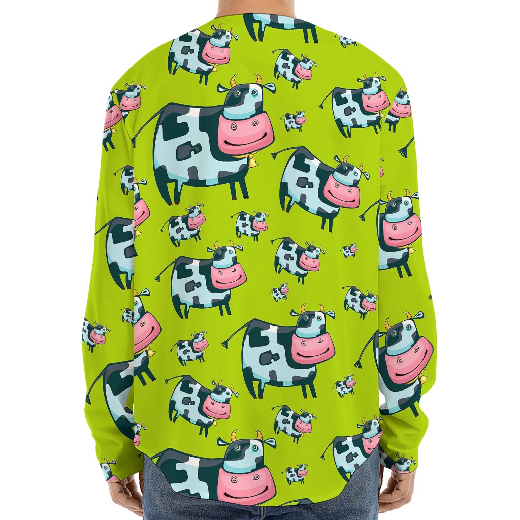 Cartoon Smiley Cow Pattern Print Long Sleeve Baseball Jersey