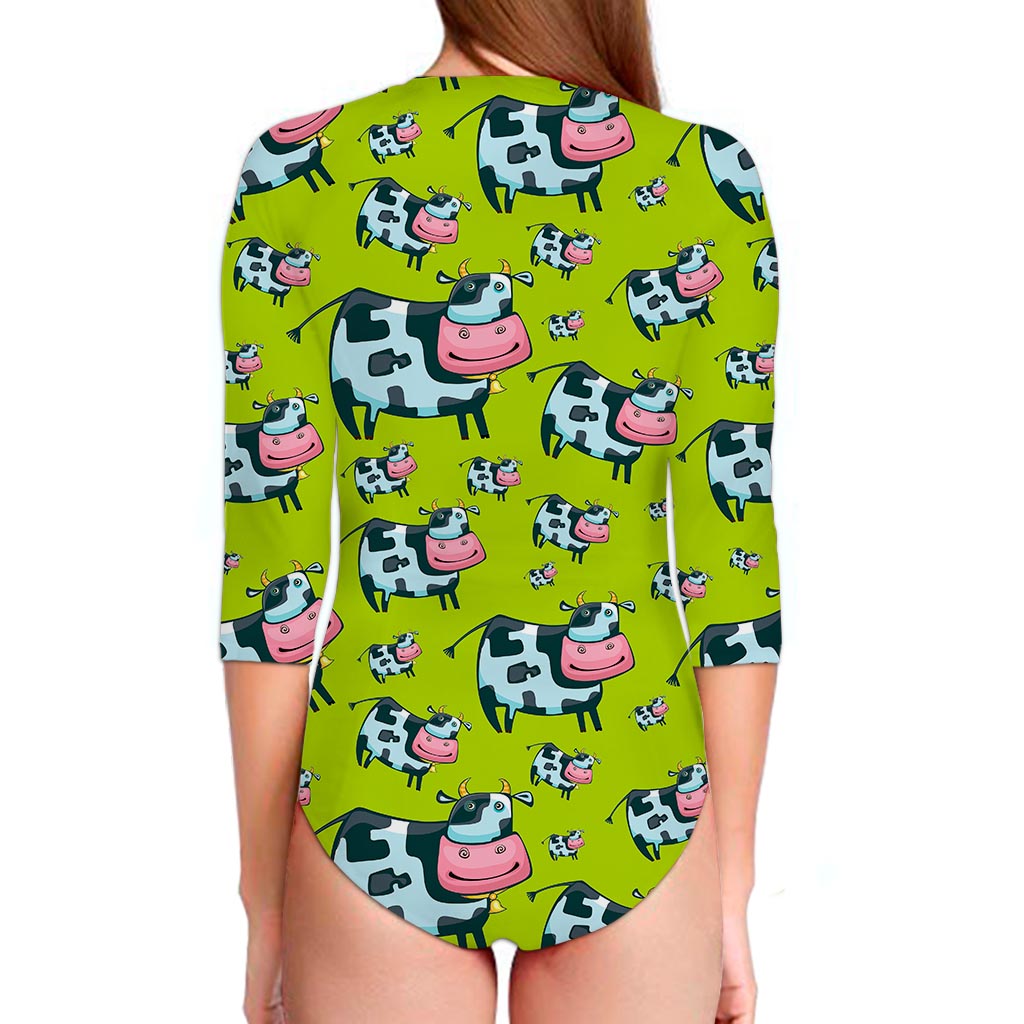Cartoon Smiley Cow Pattern Print Long Sleeve Swimsuit