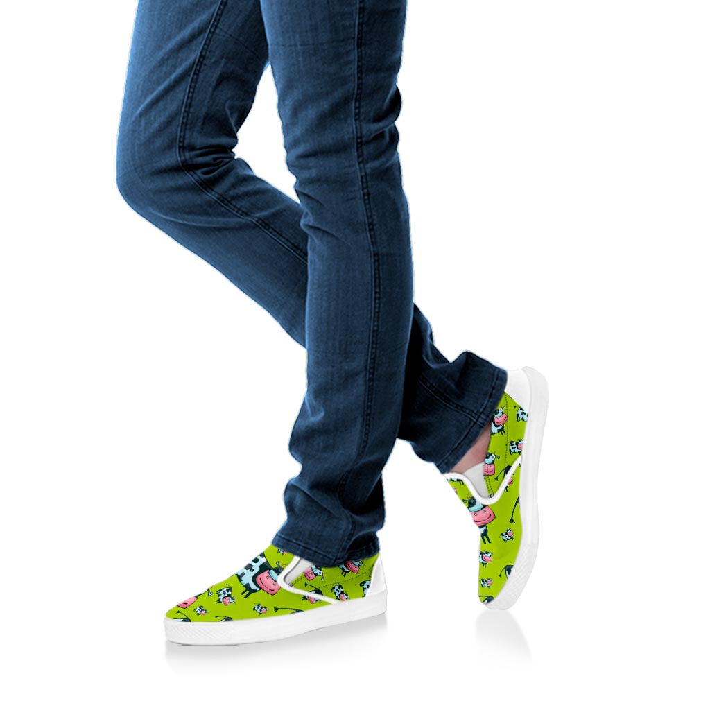 Cartoon Smiley Cow Pattern Print White Slip On Sneakers