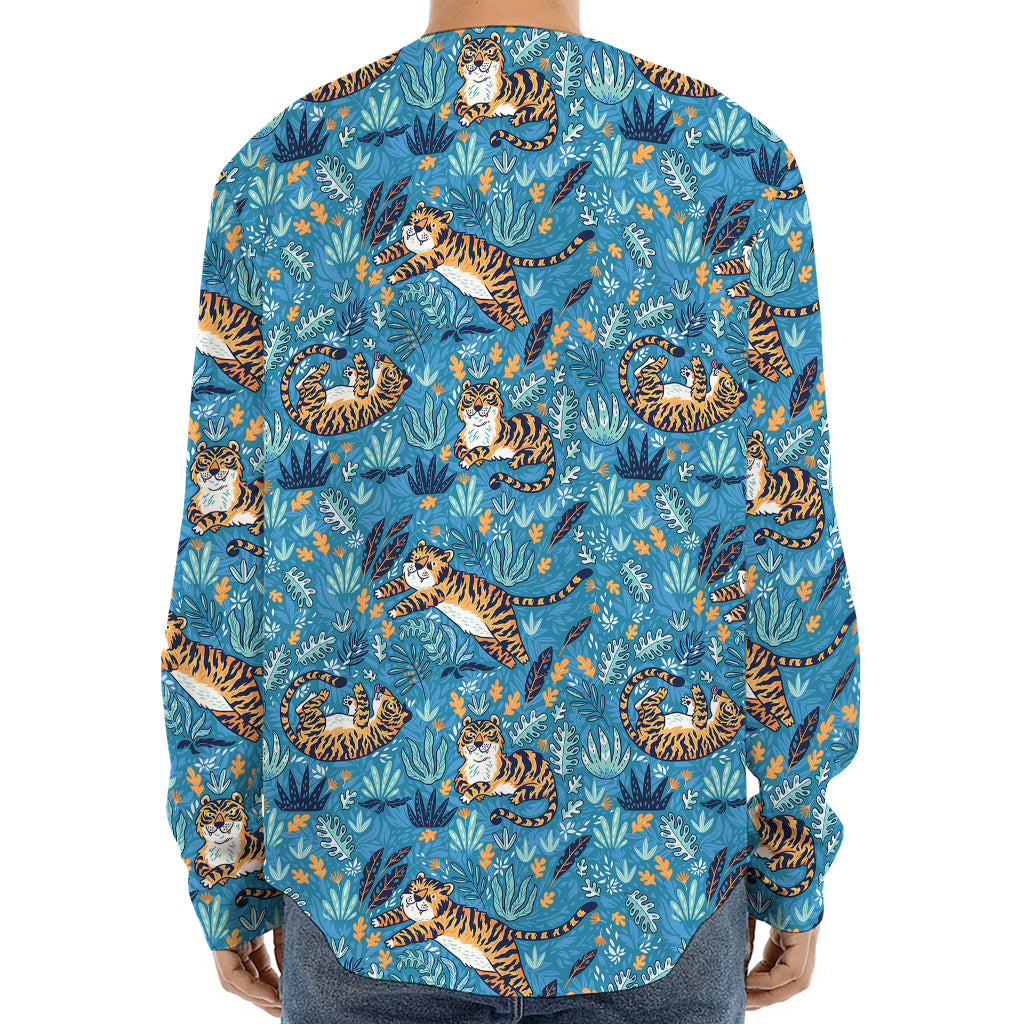 Cartoon Tiger Pattern Print Long Sleeve Baseball Jersey