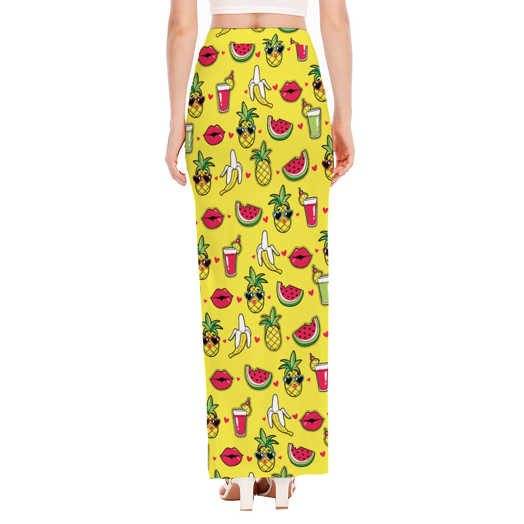 Cartoon Tropical Pattern Print High Slit Maxi Skirt