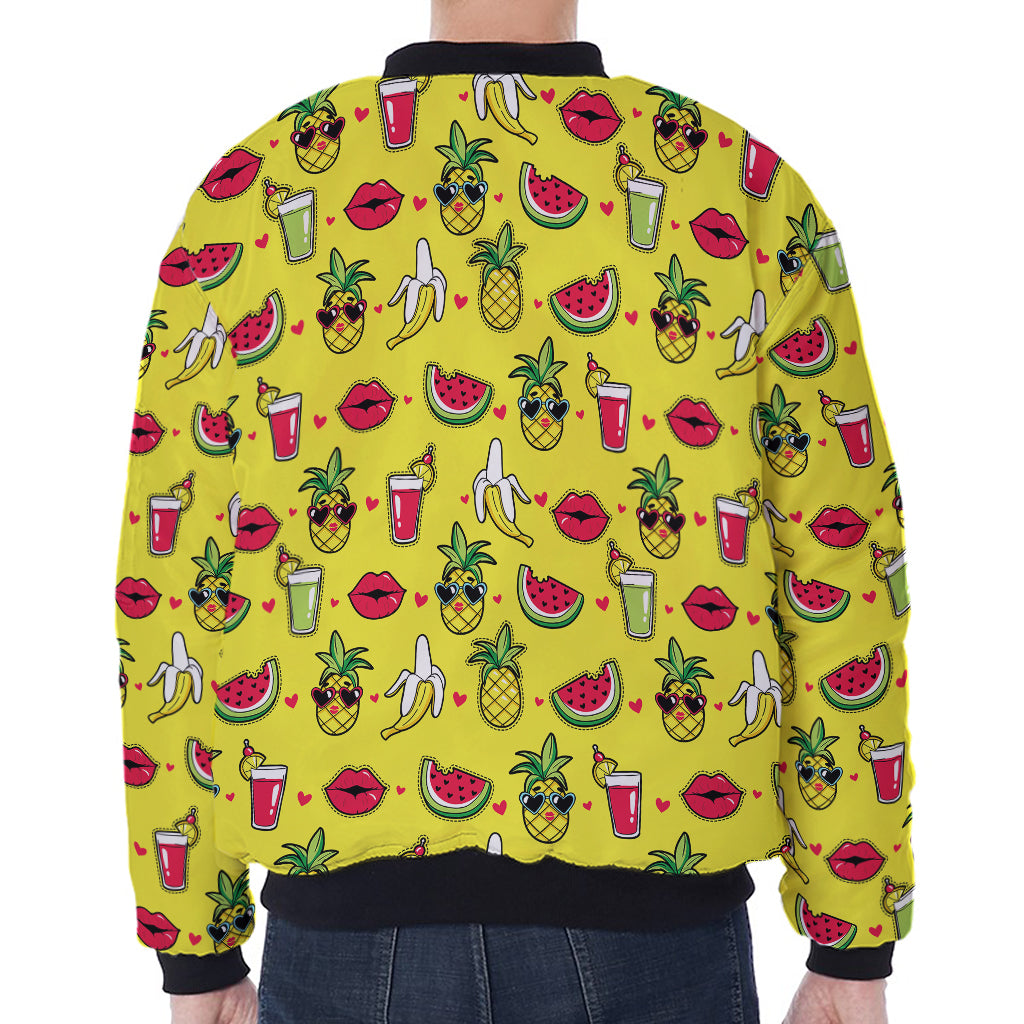 Cartoon Tropical Pattern Print Zip Sleeve Bomber Jacket