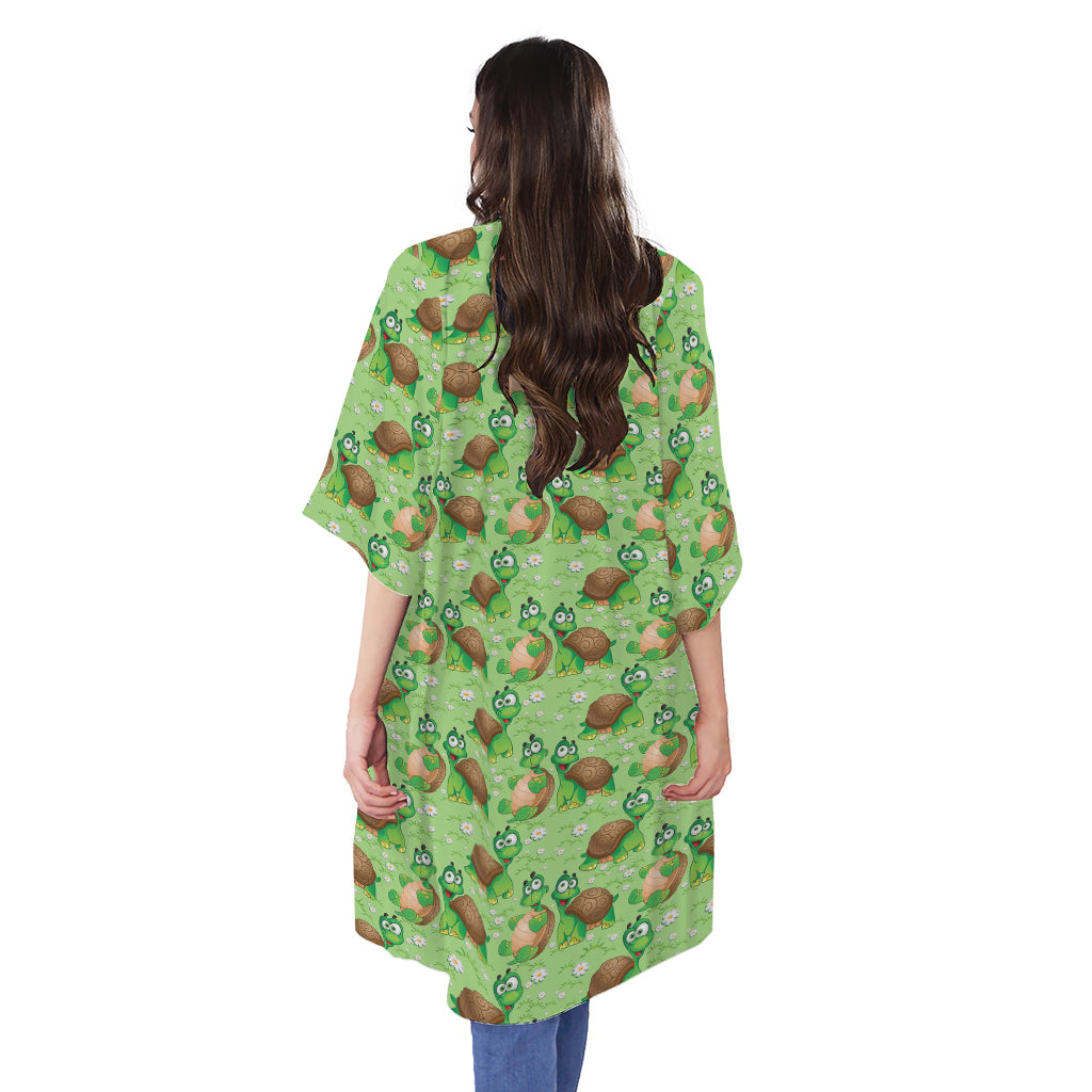 Cartoon Turtle Pattern Print Open Front Beach Cover Up