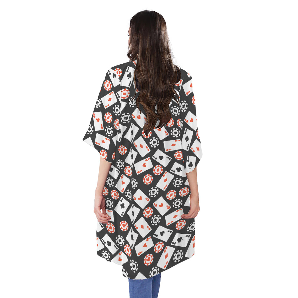 Casino Chip And Card Pattern Print Open Front Beach Cover Up