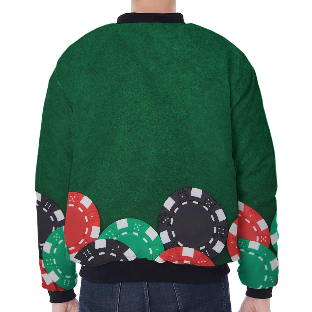 Casino Poker Chips Print Zip Sleeve Bomber Jacket