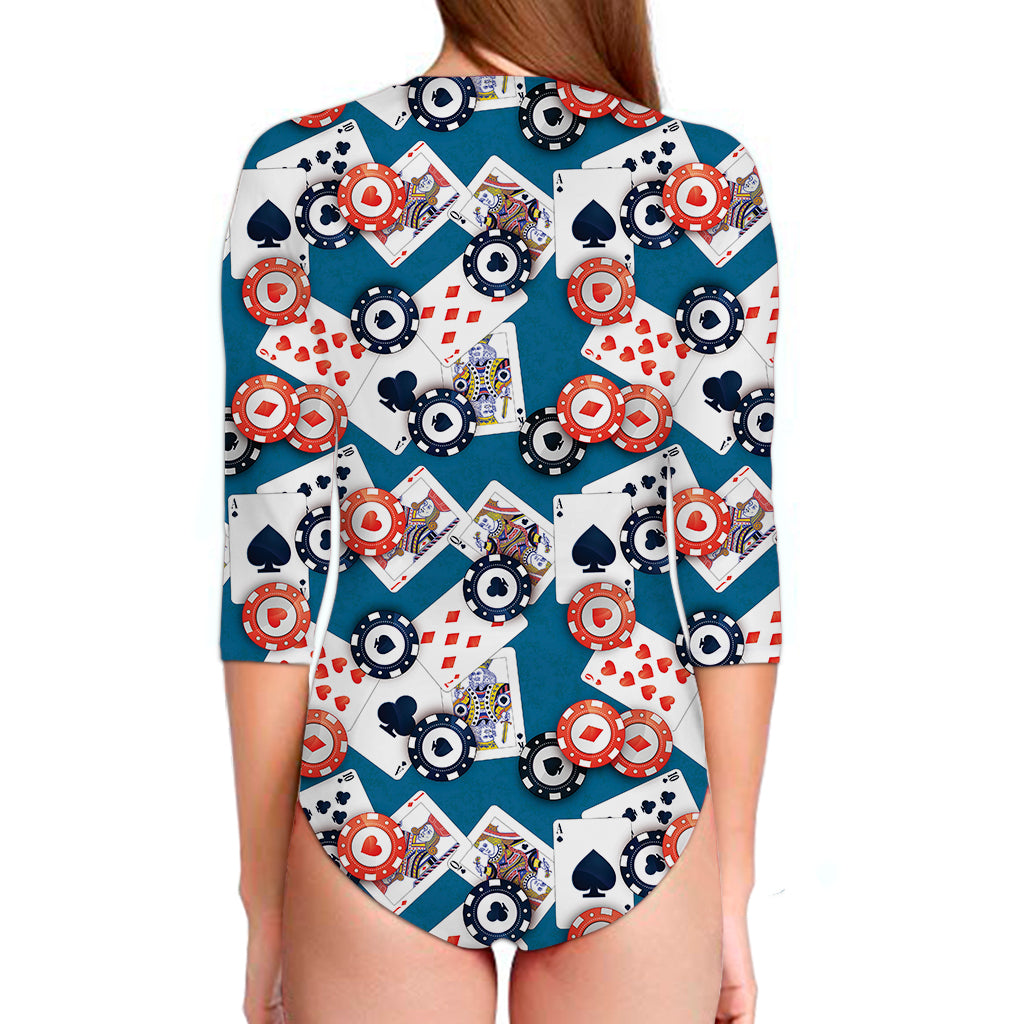 Casino Poker Pattern Print Long Sleeve Swimsuit