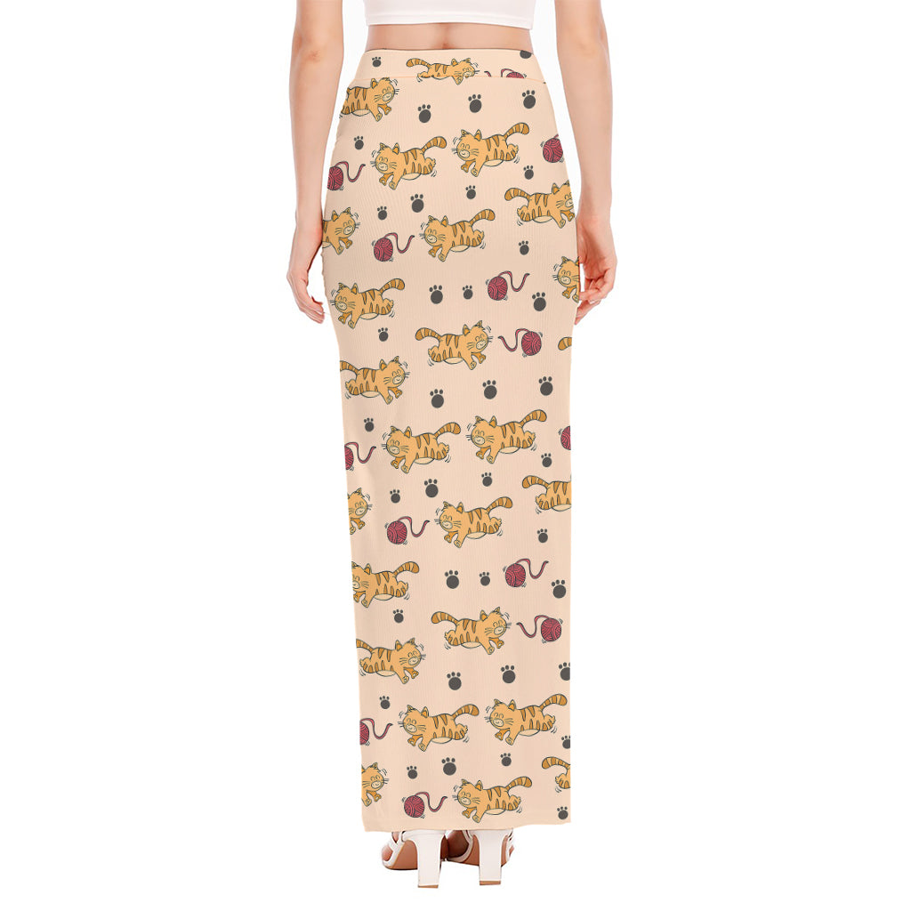 Cat And Yarn Ball Pattern Print High Slit Maxi Skirt
