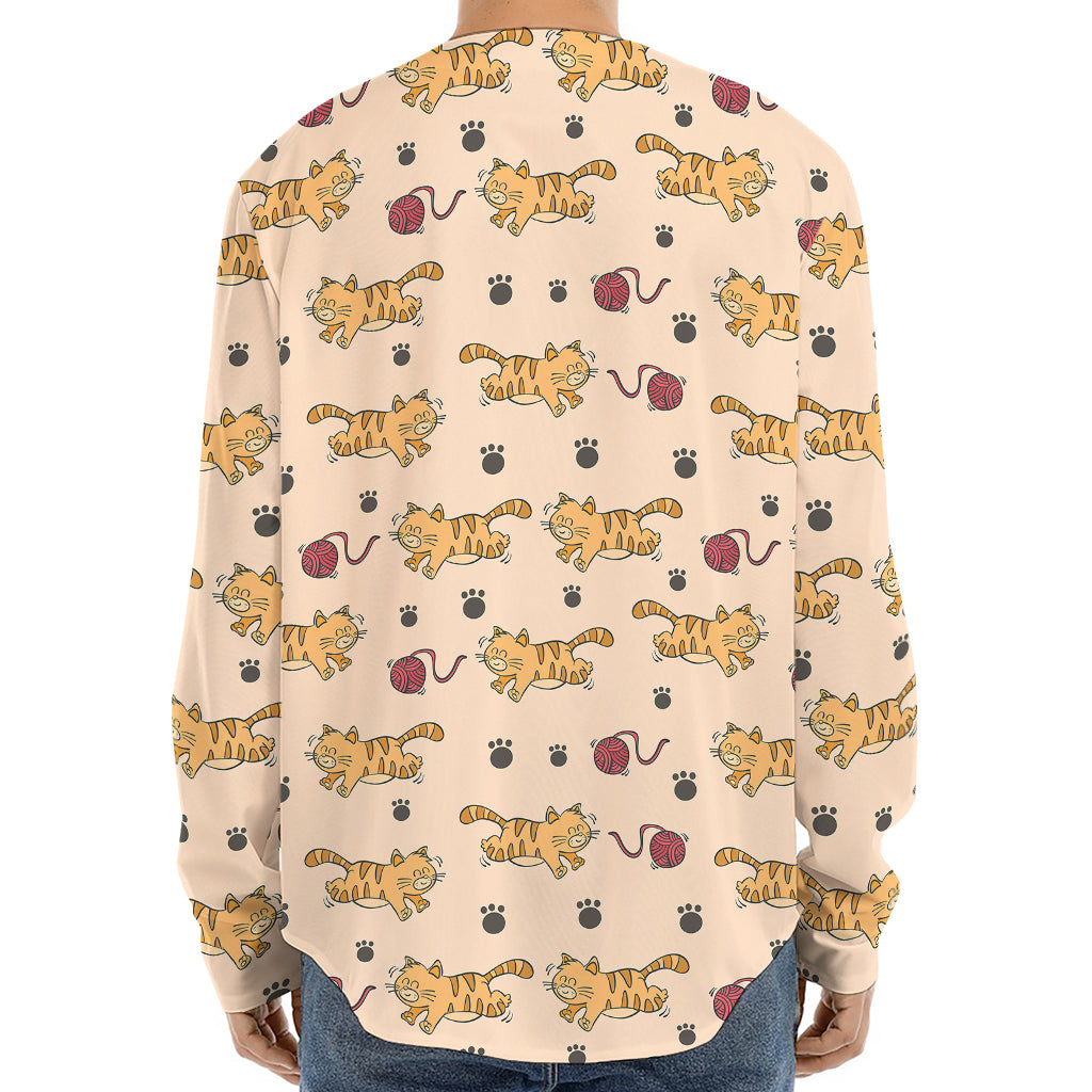 Cat And Yarn Ball Pattern Print Long Sleeve Baseball Jersey