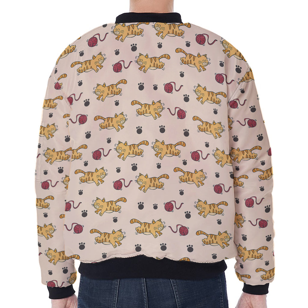 Cat And Yarn Ball Pattern Print Zip Sleeve Bomber Jacket