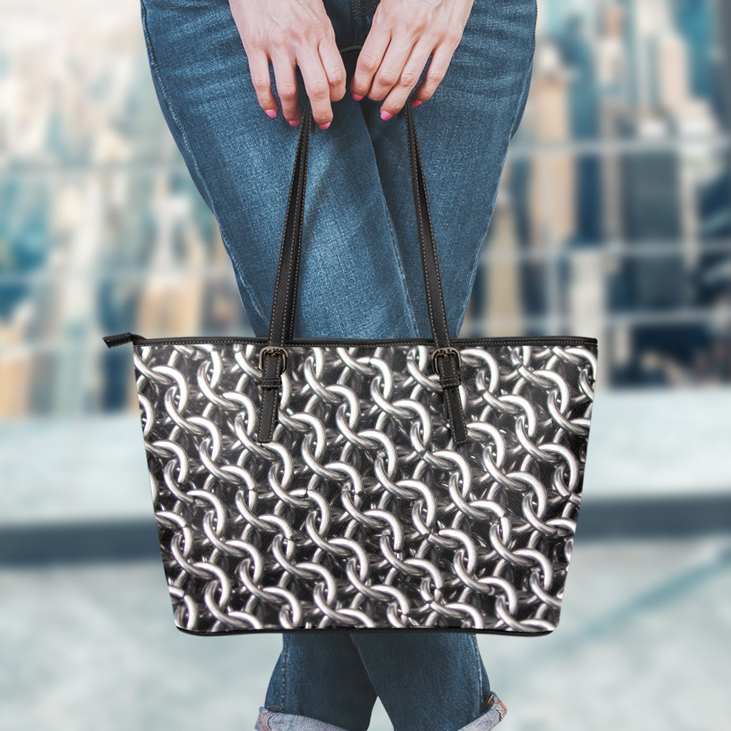 Chainmail Ring Pattern Print Leather Tote Bag