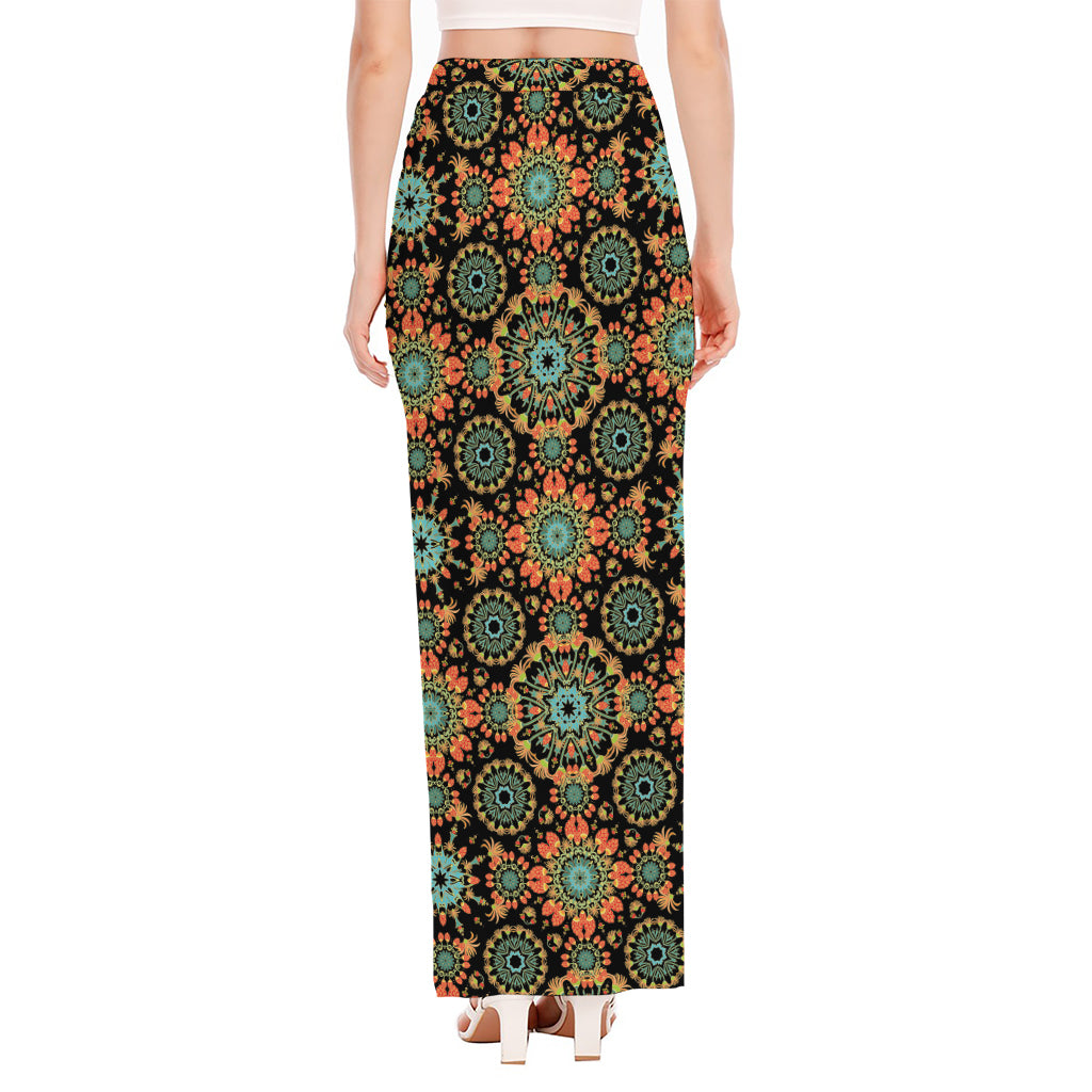 Chaotic Boho Floral Pattern Print High Slit Maxi Skirt