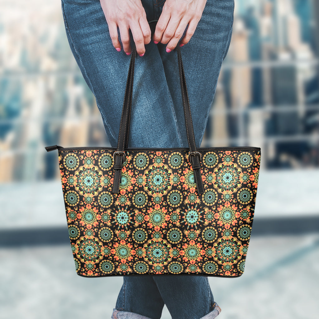Chaotic Boho Floral Pattern Print Leather Tote Bag