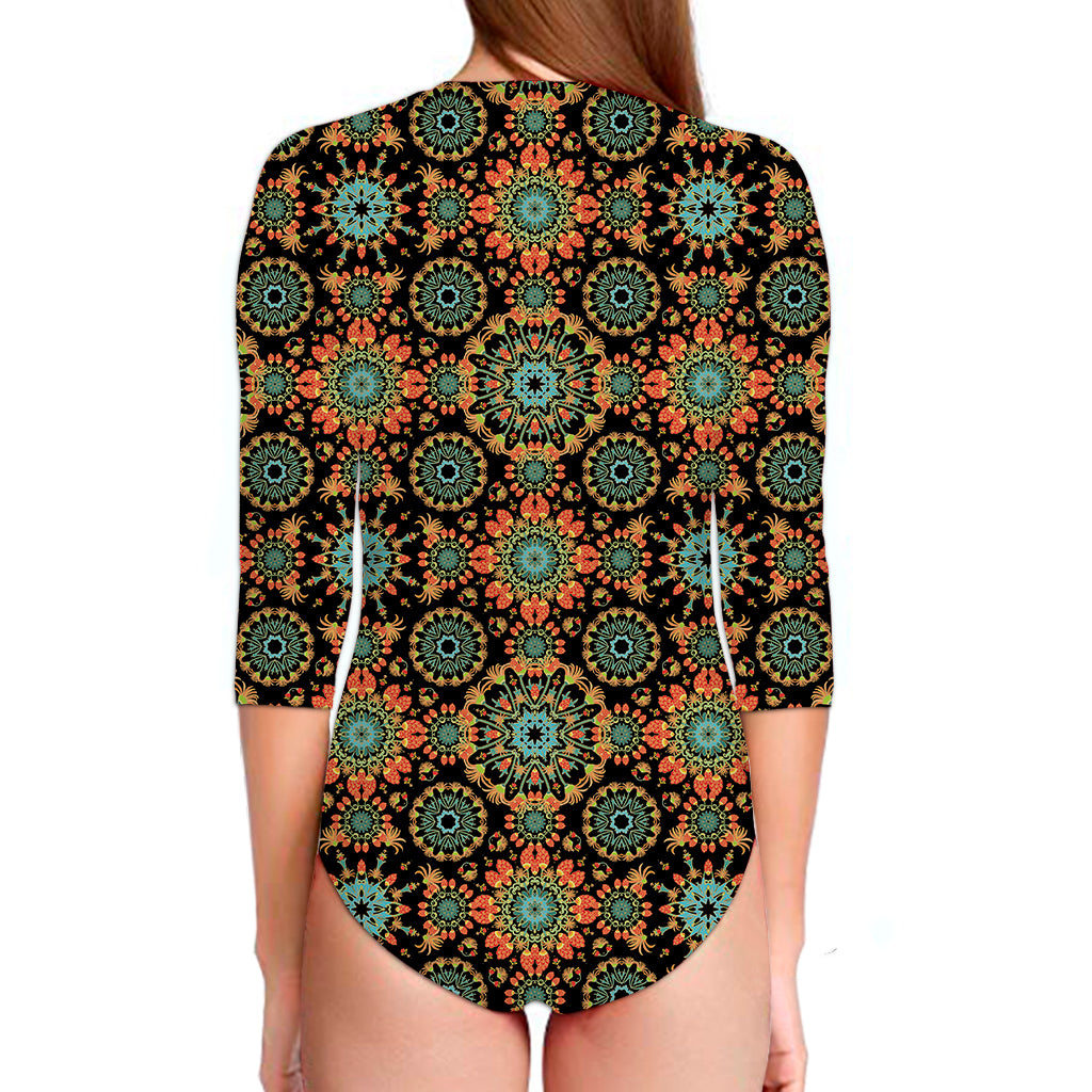 Chaotic Boho Floral Pattern Print Long Sleeve Swimsuit