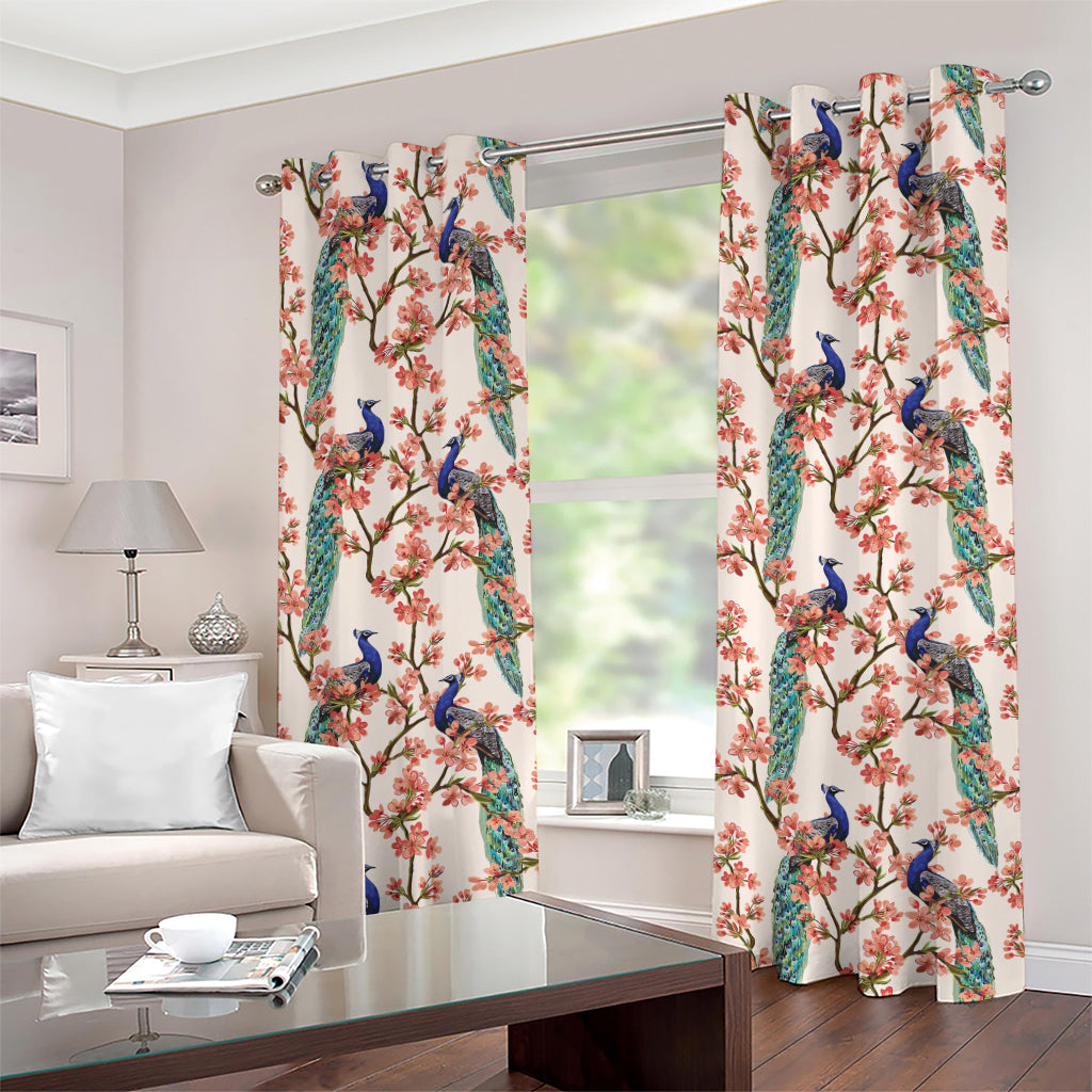 Cherry Blossom Peacock Print Grommet Curtains