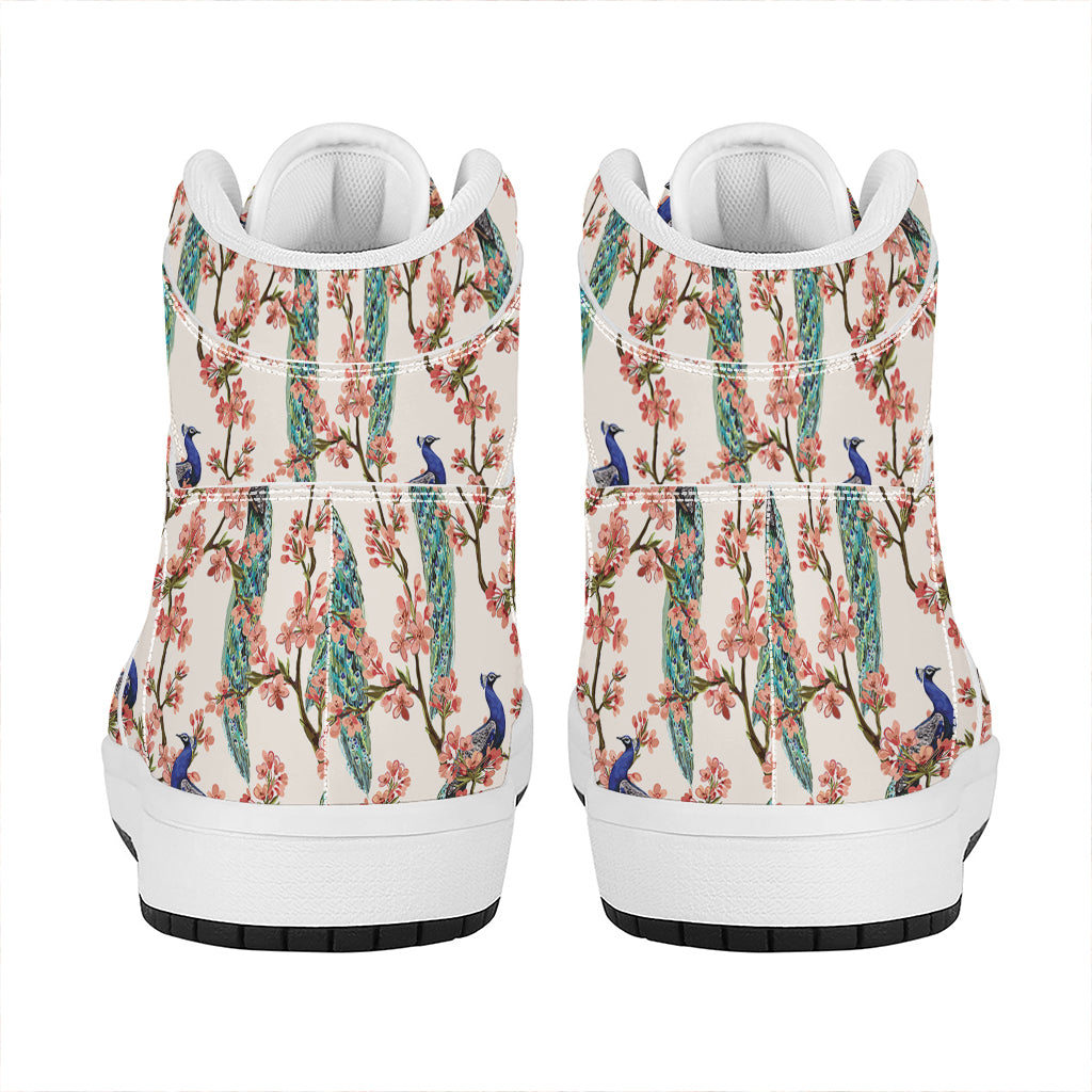 Cherry Blossom Peacock Print High Top Leather Sneakers