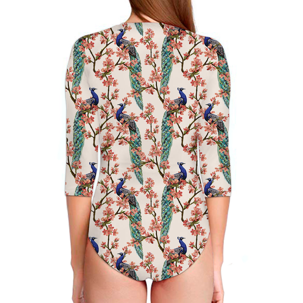 Cherry Blossom Peacock Print Long Sleeve Swimsuit