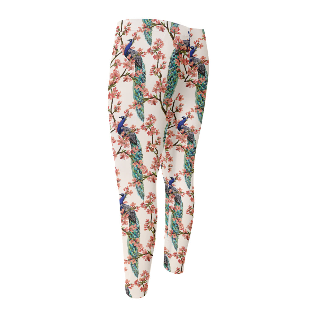 Cherry Blossom Peacock Print Men's Compression Pants