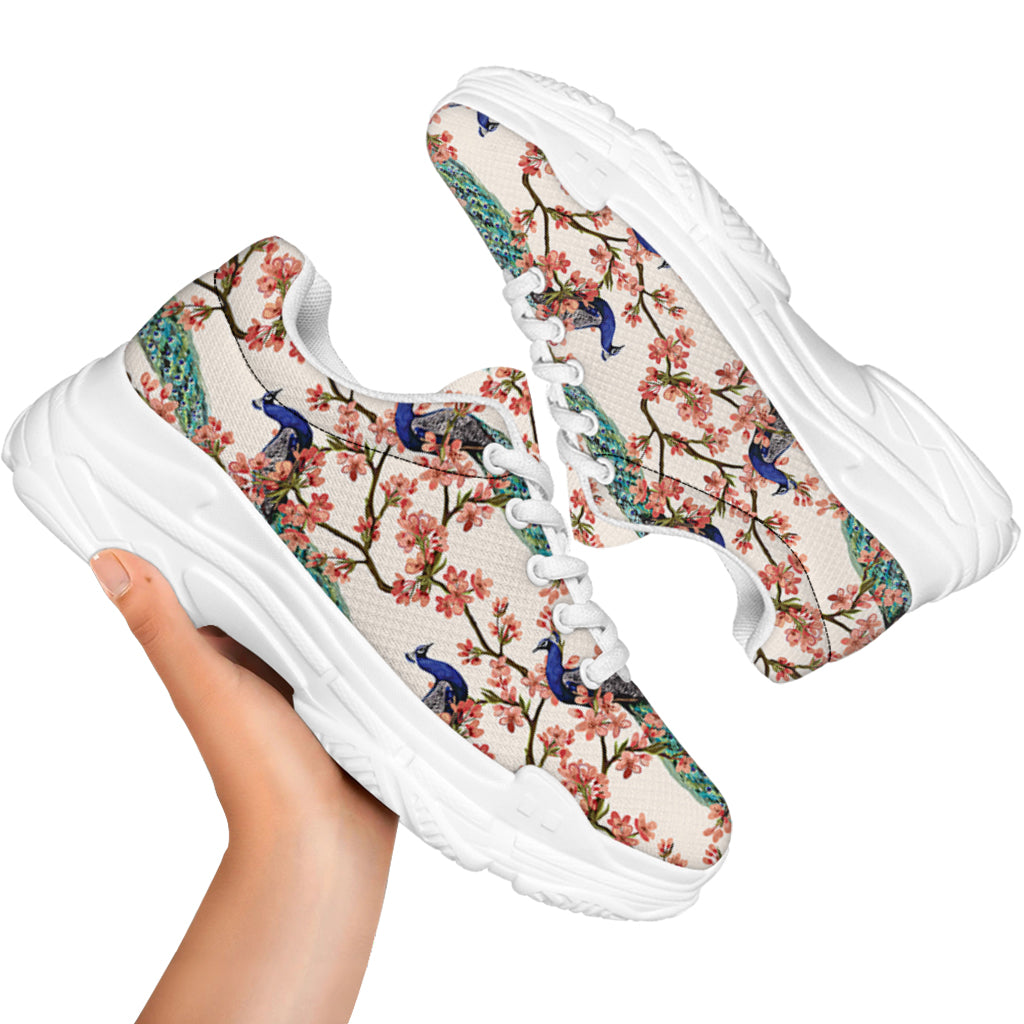 Cherry Blossom Peacock Print White Chunky Shoes
