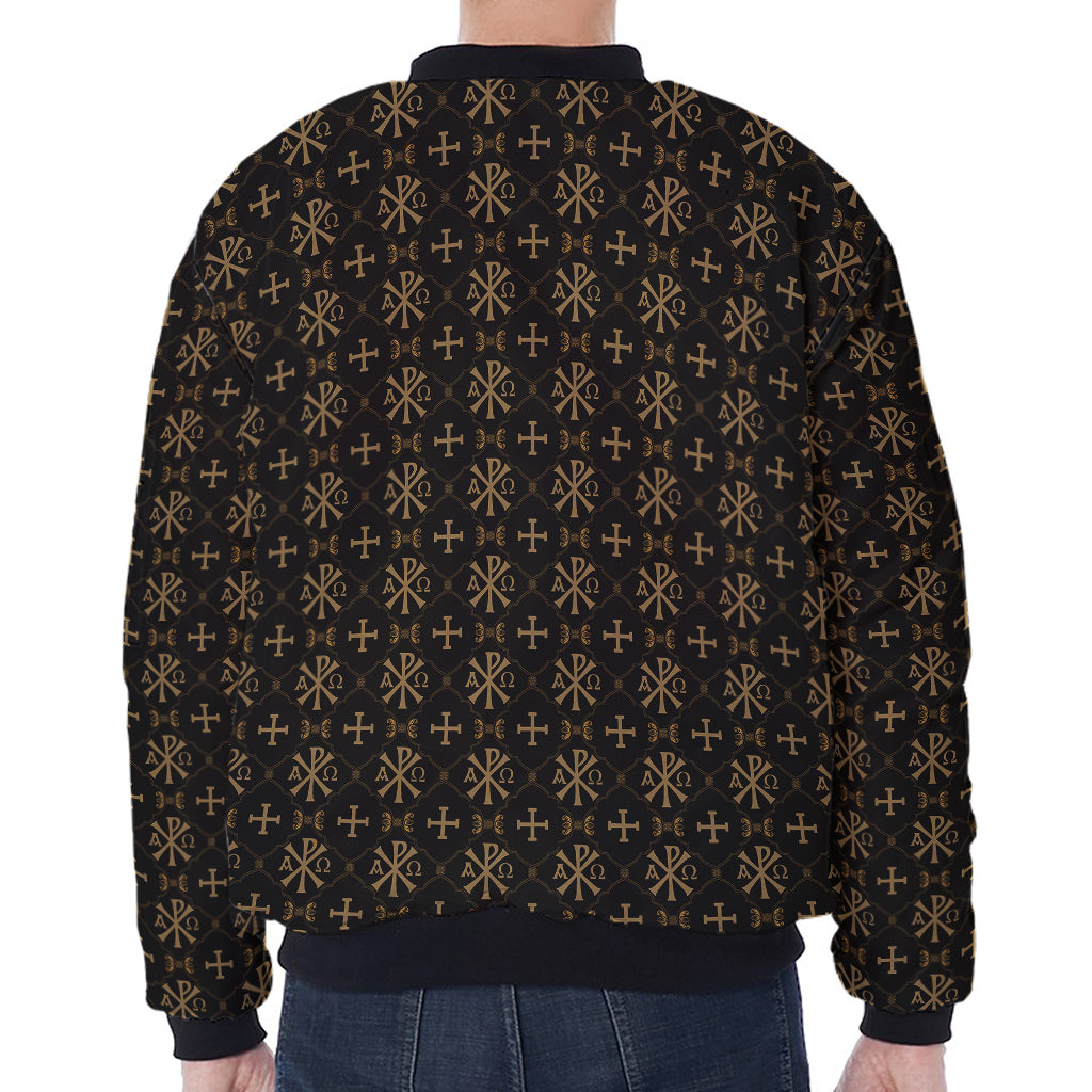 Chi Rho Orthodox Pattern Print Zip Sleeve Bomber Jacket