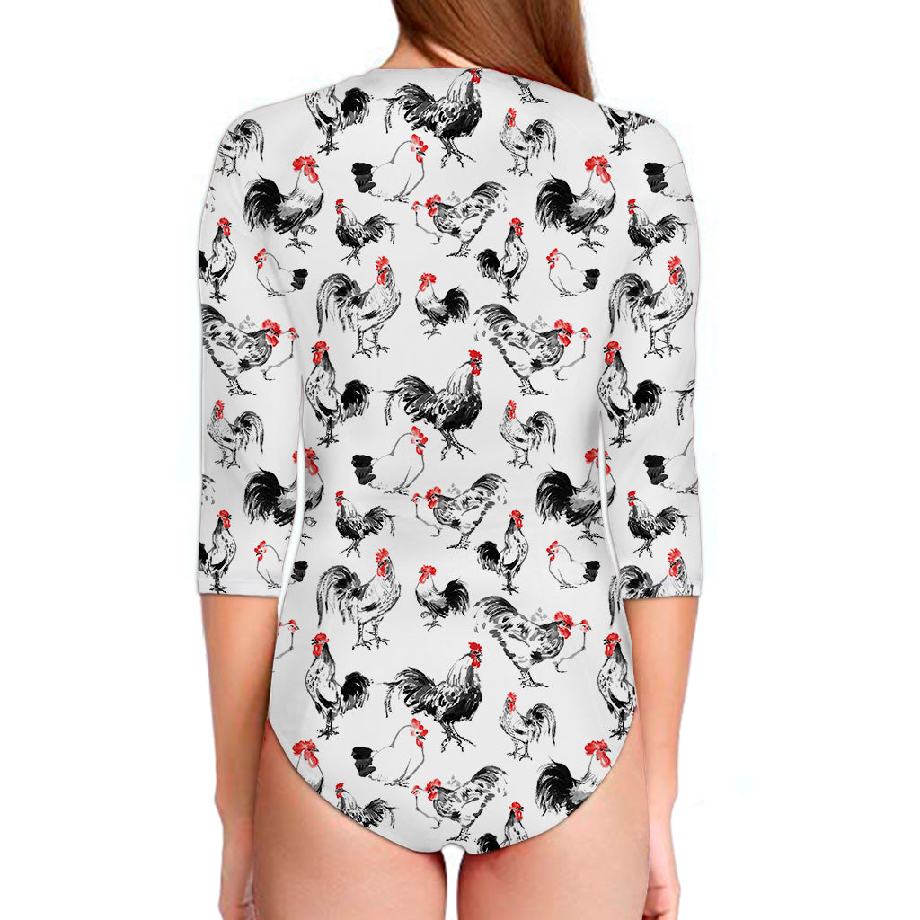 Chicken Ink Painting Pattern Print Long Sleeve Swimsuit
