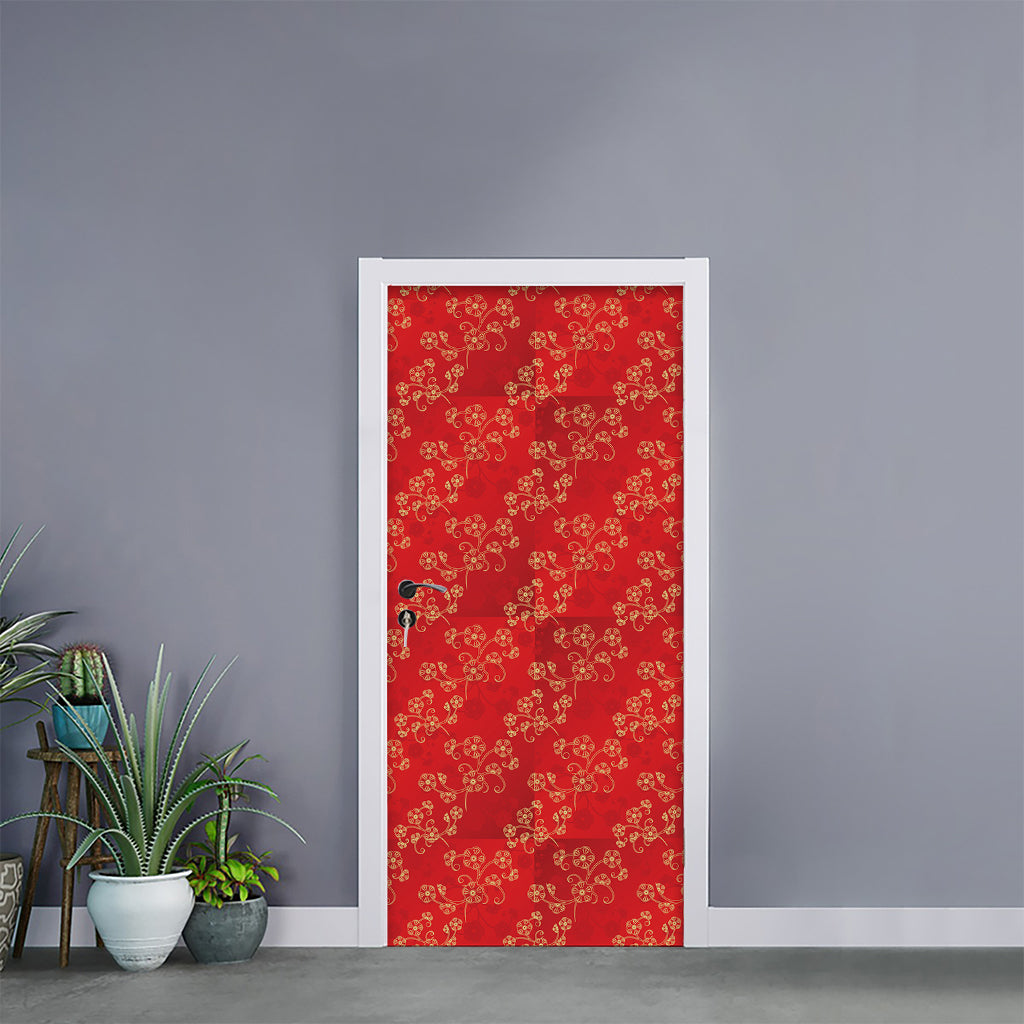 Chinese Cherry Blossom Pattern Print Door Sticker