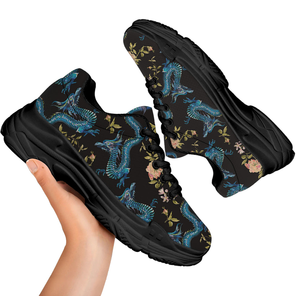 Chinese Dragon And Flower Pattern Print Black Chunky Shoes