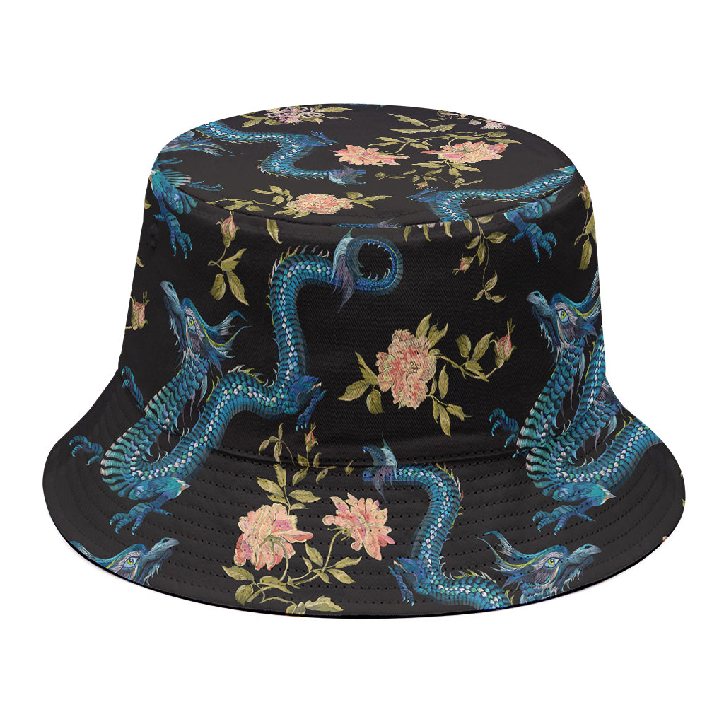 Chinese Dragon And Flower Pattern Print Bucket Hat