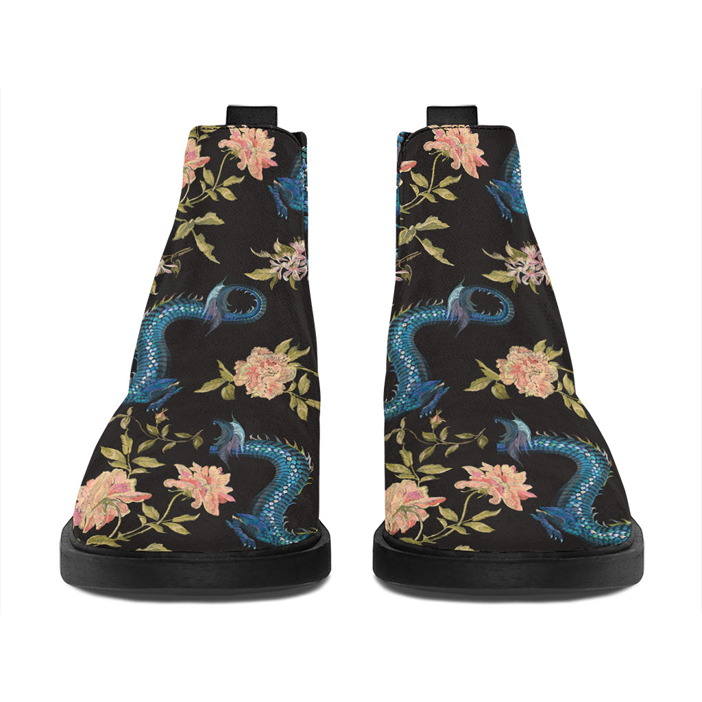 Chinese Dragon And Flower Pattern Print Flat Ankle Boots