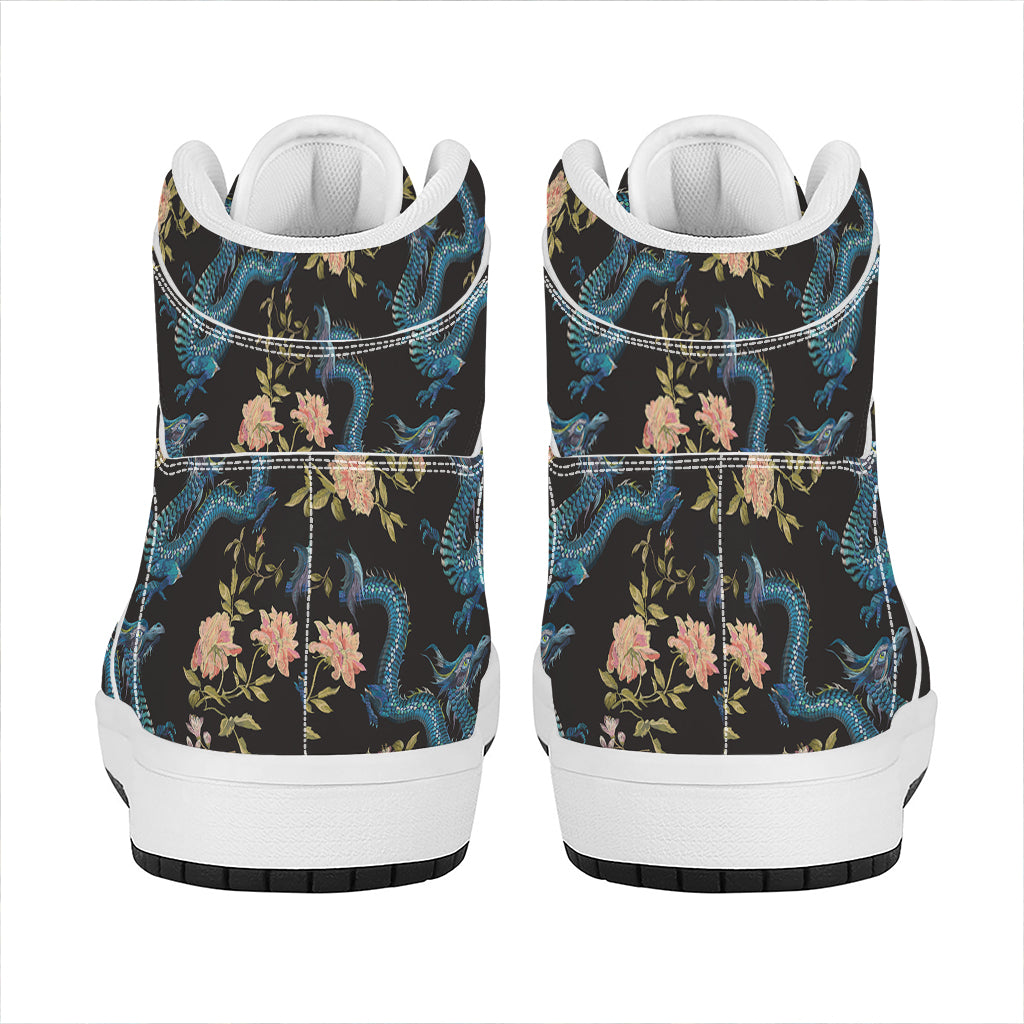 Chinese Dragon And Flower Pattern Print High Top Leather Sneakers