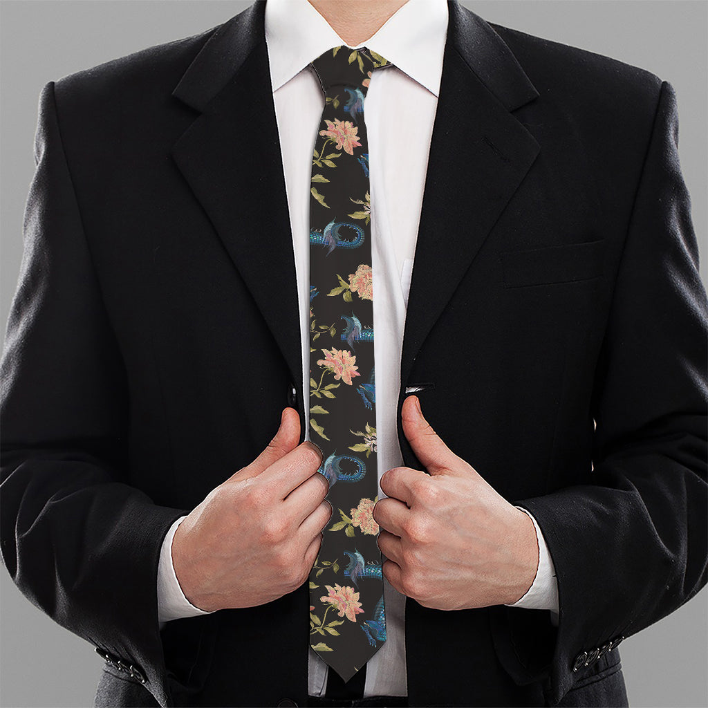 Chinese Dragon And Flower Pattern Print Necktie